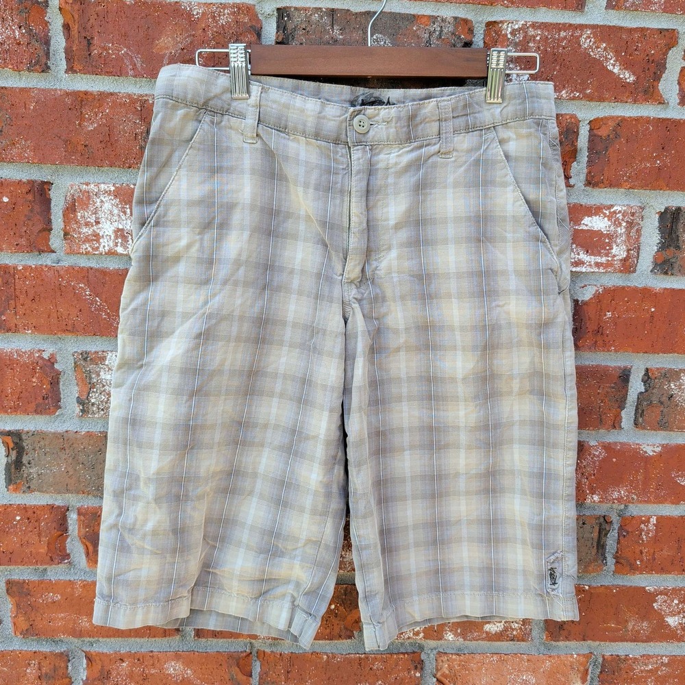 Kirra Plaid Cargo Shorts Mens 30 Tan Grey Skater Y2K Embroidered Logo Utility